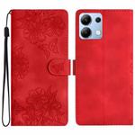 For Redmi Note 14 4G Cherry Blossom Butterfly Skin Feel Embossed PU Phone Case(Red)