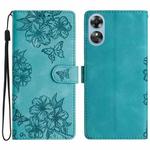 For OPPO A17 Cherry Blossom Butterfly Skin Feel Embossed PU Phone Case(Green)