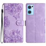 For OPPO Find X5 Lite / Reno7 5G Cherry Blossom Butterfly Skin Feel Embossed PU Phone Case(Purple)