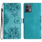 For OPPO Reno8 5G Global Cherry Blossom Butterfly Skin Feel Embossed PU Phone Case(Green)