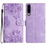 For Huawei P30 Cherry Blossom Butterfly Skin Feel Embossed PU Phone Case(Purple)