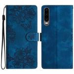 For Huawei P30 Cherry Blossom Butterfly Skin Feel Embossed PU Phone Case(Blue)