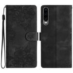 For Huawei P30 Cherry Blossom Butterfly Skin Feel Embossed PU Phone Case(Black)