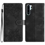 For Huawei P30 Pro Cherry Blossom Butterfly Skin Feel Embossed PU Phone Case(Black)