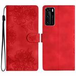 For Huawei P40 Cherry Blossom Butterfly Skin Feel Embossed PU Phone Case(Red)
