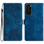 For Huawei P40 Cherry Blossom Butterfly Skin Feel Embossed PU Phone Case(Blue)