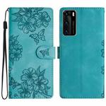 For Huawei P40 Cherry Blossom Butterfly Skin Feel Embossed PU Phone Case(Green)