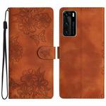 For Huawei P40 Cherry Blossom Butterfly Skin Feel Embossed PU Phone Case(Brown)