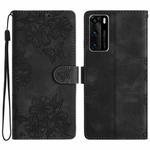 For Huawei P40 Cherry Blossom Butterfly Skin Feel Embossed PU Phone Case(Black)