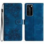 For Huawei P40 Pro Cherry Blossom Butterfly Skin Feel Embossed PU Phone Case(Blue)