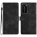 For Huawei P40 Pro Cherry Blossom Butterfly Skin Feel Embossed PU Phone Case(Black)