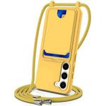 For Samsung Galaxy S23 5G Integrated Card Bag Solid Color Liquid Silicone Phone Case with Lanyard(Yellow)