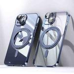 For iPhone 15 Plating PC 360 Ring Holder Magsafe Phone Case(Clear Blue)