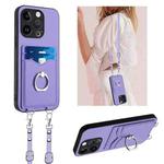 For iPhone 15 Pro R20 Crossbody Rope Ring Card Holder Phone Case(Purple)