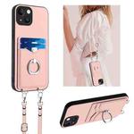 For iPhone 15 R20 Crossbody Rope Ring Card Holder Phone Case(Pink)