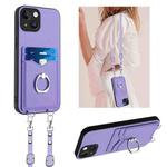 For iPhone 15 R20 Crossbody Rope Ring Card Holder Phone Case(Purple)