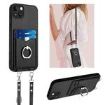 For iPhone 14 Plus R20 Crossbody Rope Ring Card Holder Phone Case(Black)