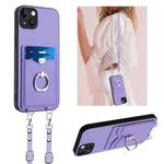 For iPhone 14 Plus R20 Crossbody Rope Ring Card Holder Phone Case(Purple)