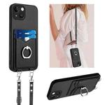 For iPhone 14 R20 Crossbody Rope Ring Card Holder Phone Case(Black)