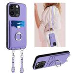 For iPhone 14 Pro R20 Crossbody Rope Ring Card Holder Phone Case(Purple)