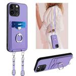 For iPhone 14 Pro Max R20 Crossbody Rope Ring Card Holder Phone Case(Purple)