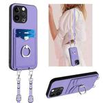 For iPhone 13 Pro R20 Crossbody Rope Ring Card Holder Phone Case(Purple)