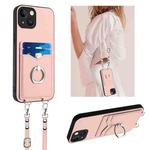 For iPhone 13 R20 Crossbody Rope Ring Card Holder Phone Case(Pink)