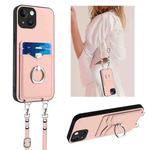 For iPhone 13 mini R20 Crossbody Rope Ring Card Holder Phone Case(Pink)