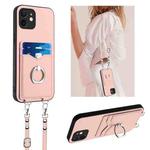For iPhone 12 mini R20 Crossbody Rope Ring Card Holder Phone Case(Pink)