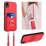 For iPhone XR R20 Crossbody Rope Ring Card Holder Phone Case(Red)