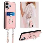 For iPhone 17 R20 Crossbody Rope Ring Card Holder Phone Case(Pink)
