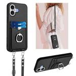 For iPhone 17 R20 Crossbody Rope Ring Card Holder Phone Case(Black)