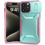 For iPhone 15 Pro Max Sliding Camshield Phone Case(Grey Green + Pink)