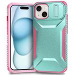 For iPhone 15 Sliding Camshield Phone Case(Grey Green + Pink)