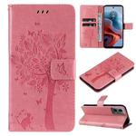 For Motorola Moto G34 Tree & Cat Embossed Pattern Flip Leather Phone Case(Pink)