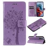 For Motorola Moto G34 Tree & Cat Embossed Pattern Flip Leather Phone Case(Light Purple)