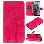 For Motorola Moto G34 Tree & Cat Embossed Pattern Flip Leather Phone Case(Rose Red)