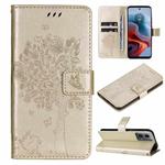 For Motorola Moto G34 Tree & Cat Embossed Pattern Flip Leather Phone Case(Gold)