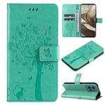 For Motorola Edge 50 5G Tree & Cat Embossed Pattern Flip Leather Phone Case(Green)