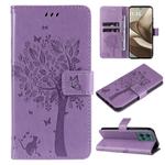 For Motorola Edge 50 5G Tree & Cat Embossed Pattern Flip Leather Phone Case(Light Purple)