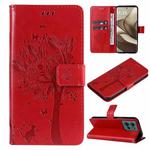 For Motorola Edge 50 5G Tree & Cat Embossed Pattern Flip Leather Phone Case(Red)