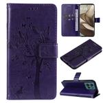 For Motorola Edge 50 5G Tree & Cat Embossed Pattern Flip Leather Phone Case(Purple)