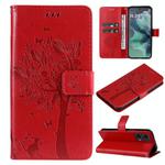 For Motorola Moto G35 Tree & Cat Embossed Pattern Flip Leather Phone Case(Red)