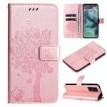 For Motorola Moto G35 Tree & Cat Embossed Pattern Flip Leather Phone Case(Rose Gold)