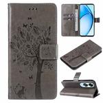 For OPPO A60 4G Global Tree & Cat Embossed Pattern Flip Leather Phone Case(Grey)