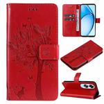 For OPPO A60 4G Global Tree & Cat Embossed Pattern Flip Leather Phone Case(Red)