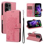 For OPPO Reno13 5G Global Tree & Cat Embossed Pattern Flip Leather Phone Case(Pink)
