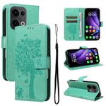 For OPPO Reno13 5G Global Tree & Cat Embossed Pattern Flip Leather Phone Case(Green)