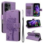 For OPPO Reno13 5G Global Tree & Cat Embossed Pattern Flip Leather Phone Case(Light Purple)