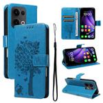 For OPPO Reno13 5G Global Tree & Cat Embossed Pattern Flip Leather Phone Case(Blue)